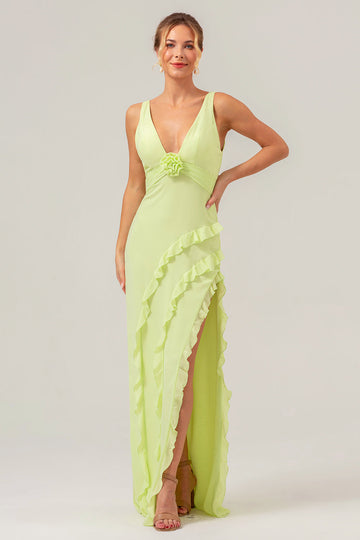 Vestido de dama de honor largo con escote en V profundo y cuello en V profundo con abertura de volantes